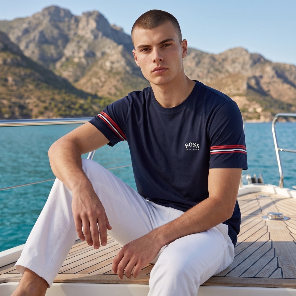 BOSS Hugo Boss Mens Navy Blue Striped Sleeve Logo T-Shirt 50426057 Size L